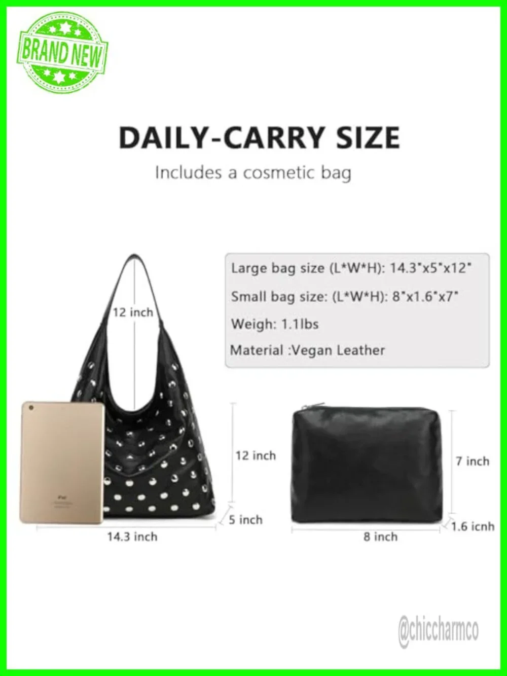 Studded Hobo Bag Vegan Leather Tote Purse Slouchy Shoulder Bag